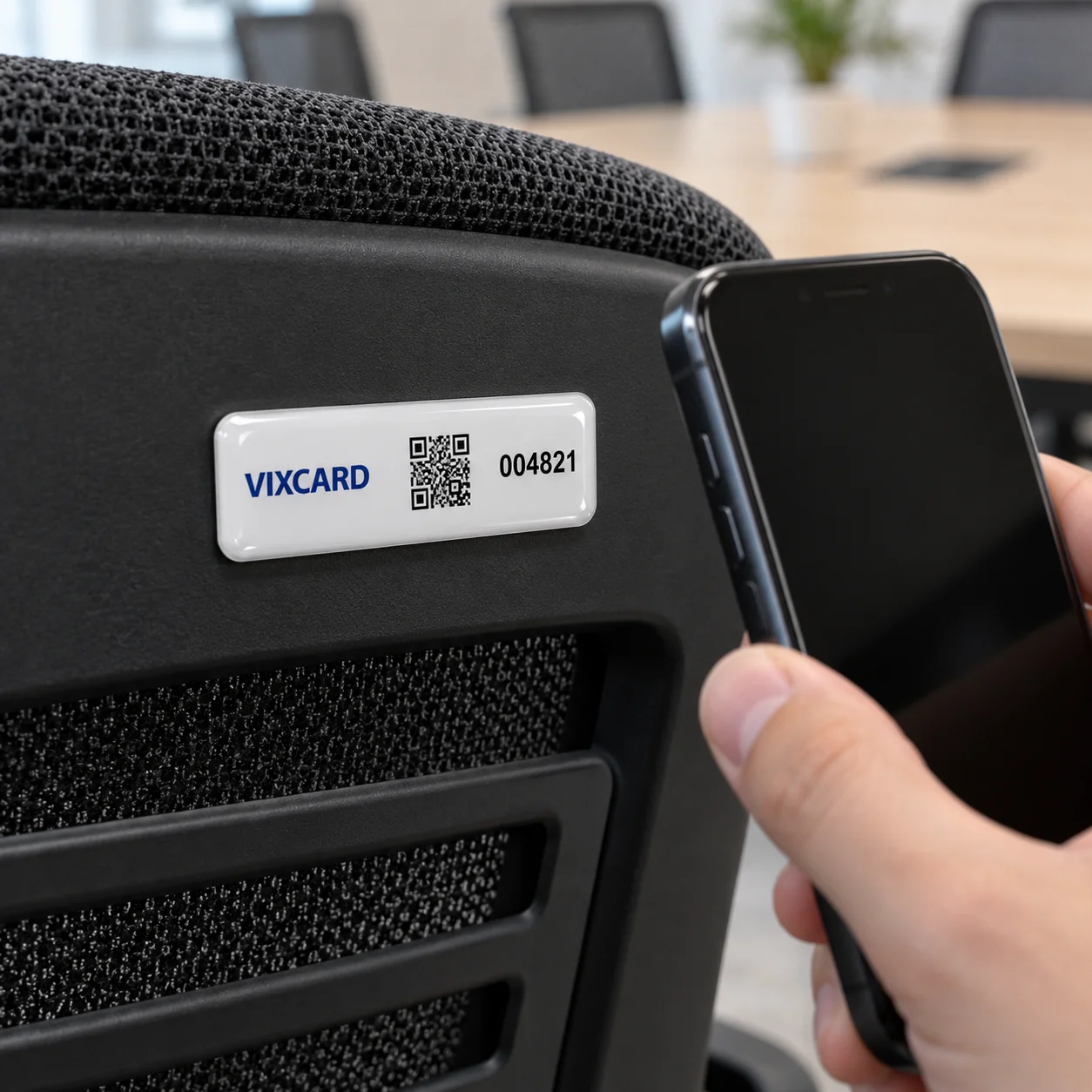 Tag RFID de patrimônio Vixcard colada no encosto da cadeira, com leitura do QR Code pelo celular